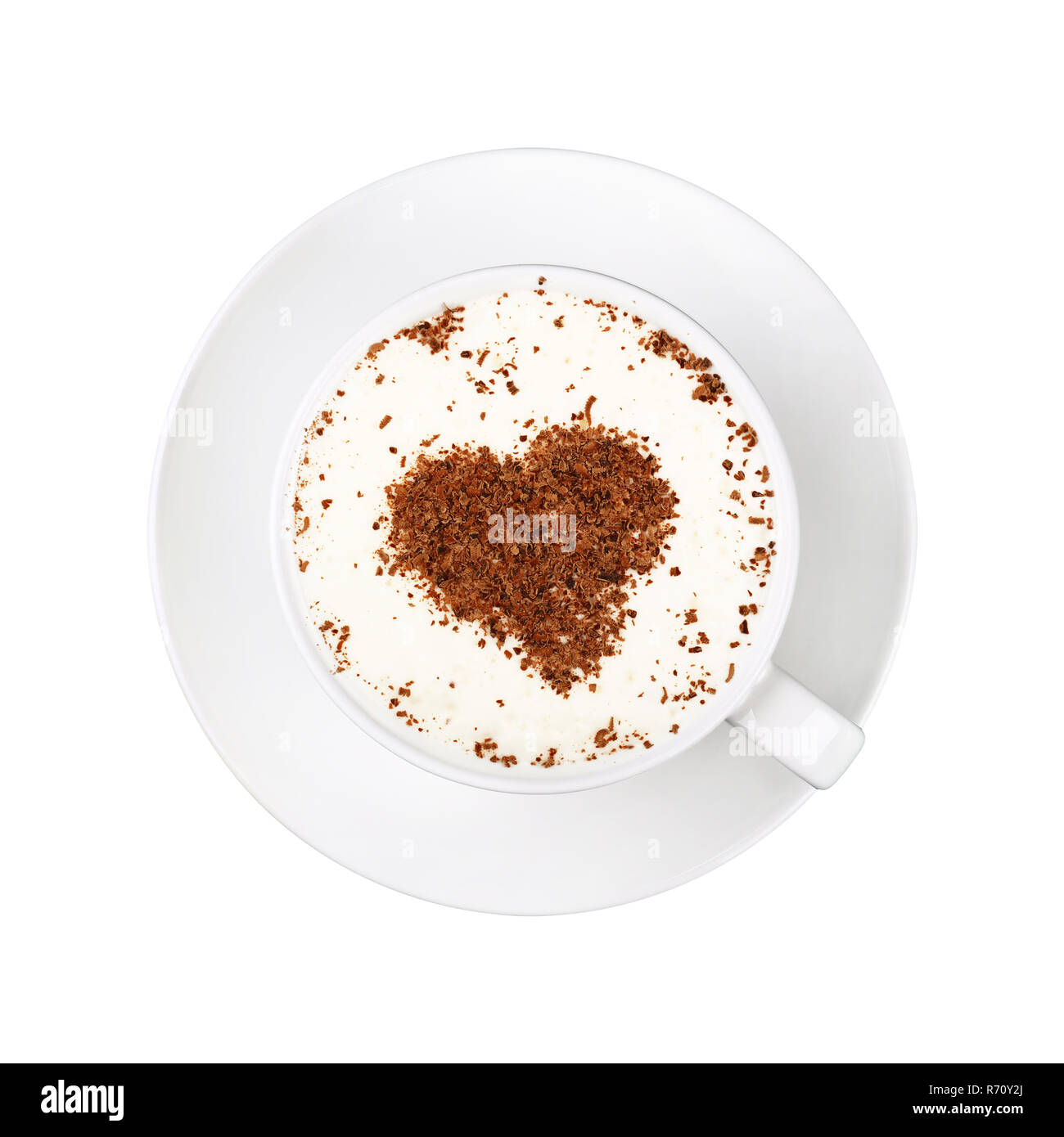 White tazza di cappuccino caffè sul piattino isolato Foto Stock