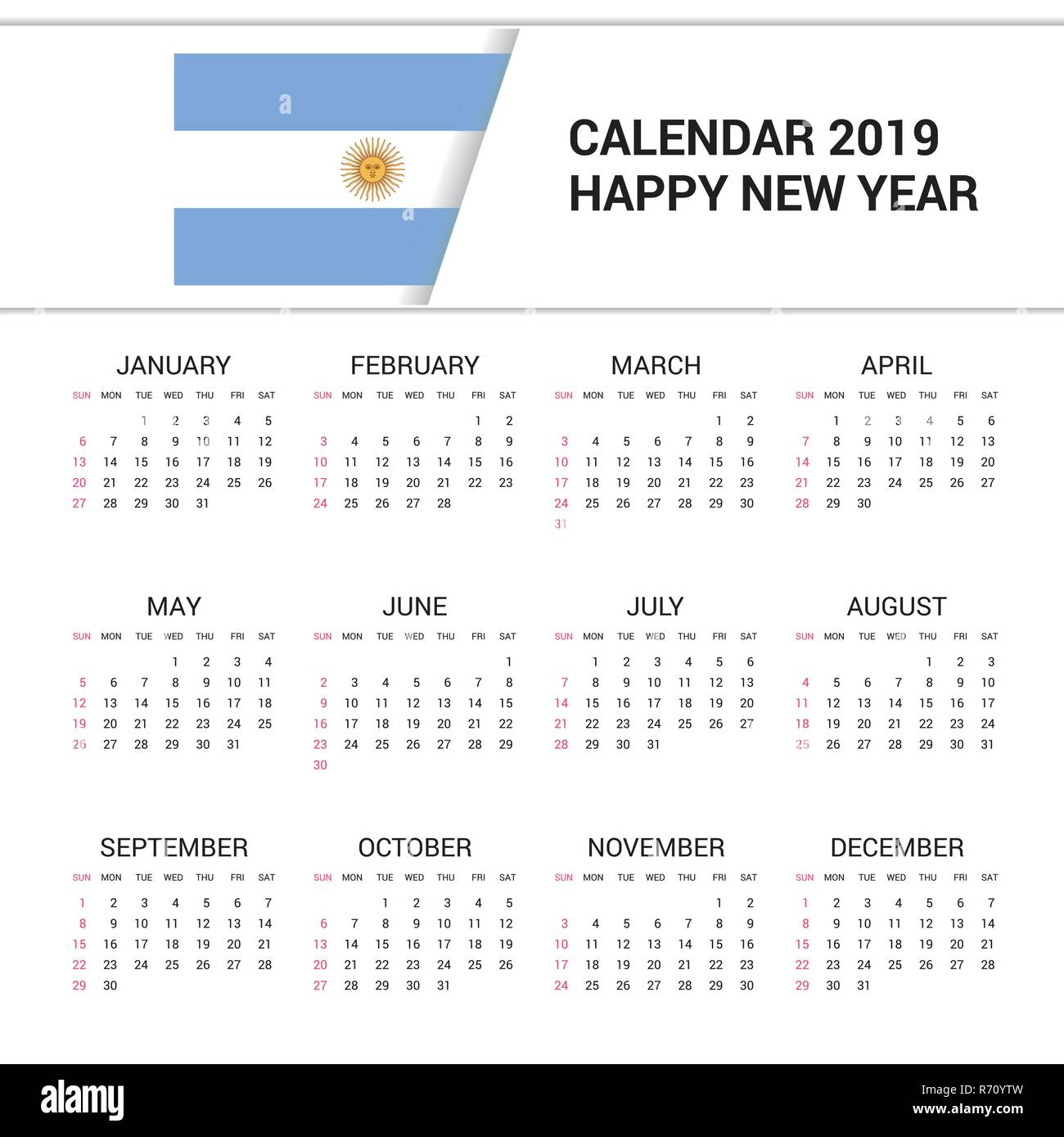 Calendario 2019 Argentina bandiera dello sfondo. Lingua inglese Illustrazione Vettoriale