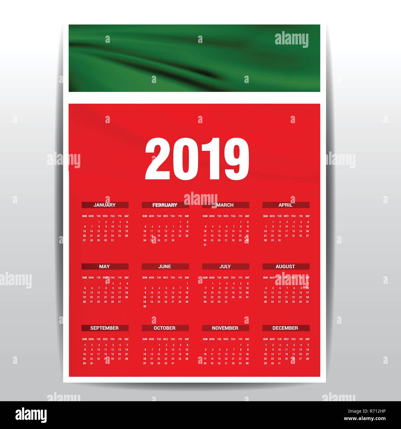 Calendario 2019 Tatarstan bandiera dello sfondo. Lingua inglese Illustrazione Vettoriale