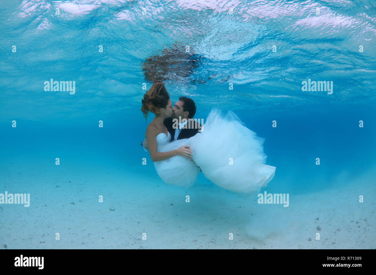 Sposi novelli kissing subacquea, Oceano Indiano, Maldive Foto Stock