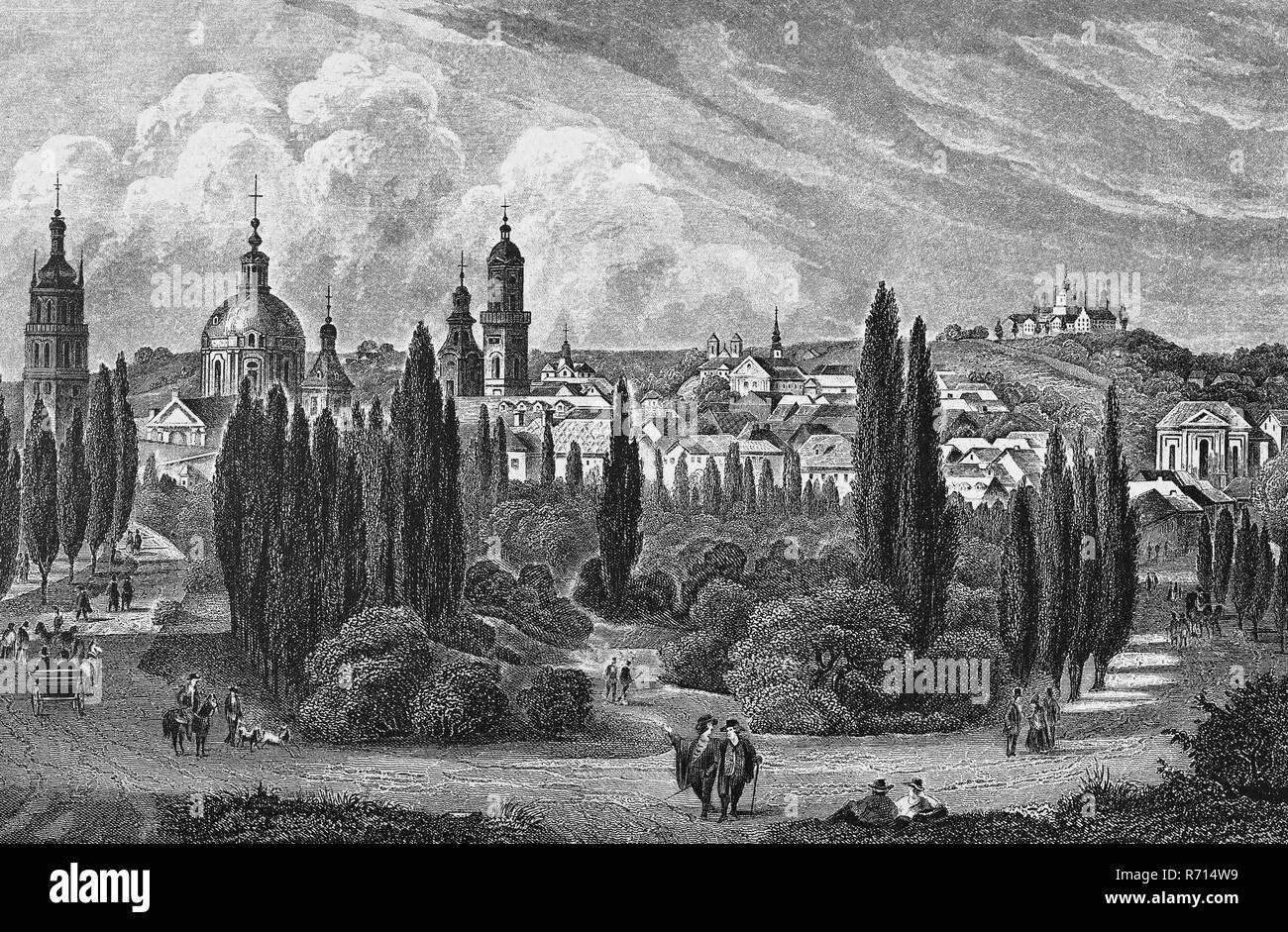 Paesaggio urbano storico, acciaio incisione, Lviv 1845, Ucraina Foto Stock