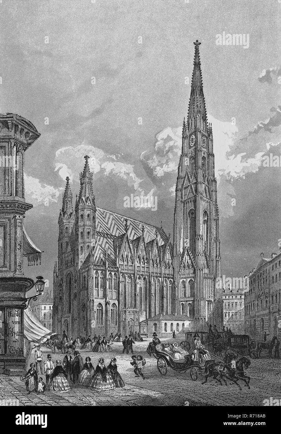 Storica città vista incisione in acciaio, la cattedrale di Santo Stefano intorno al 1830, Vienna, Austria Foto Stock