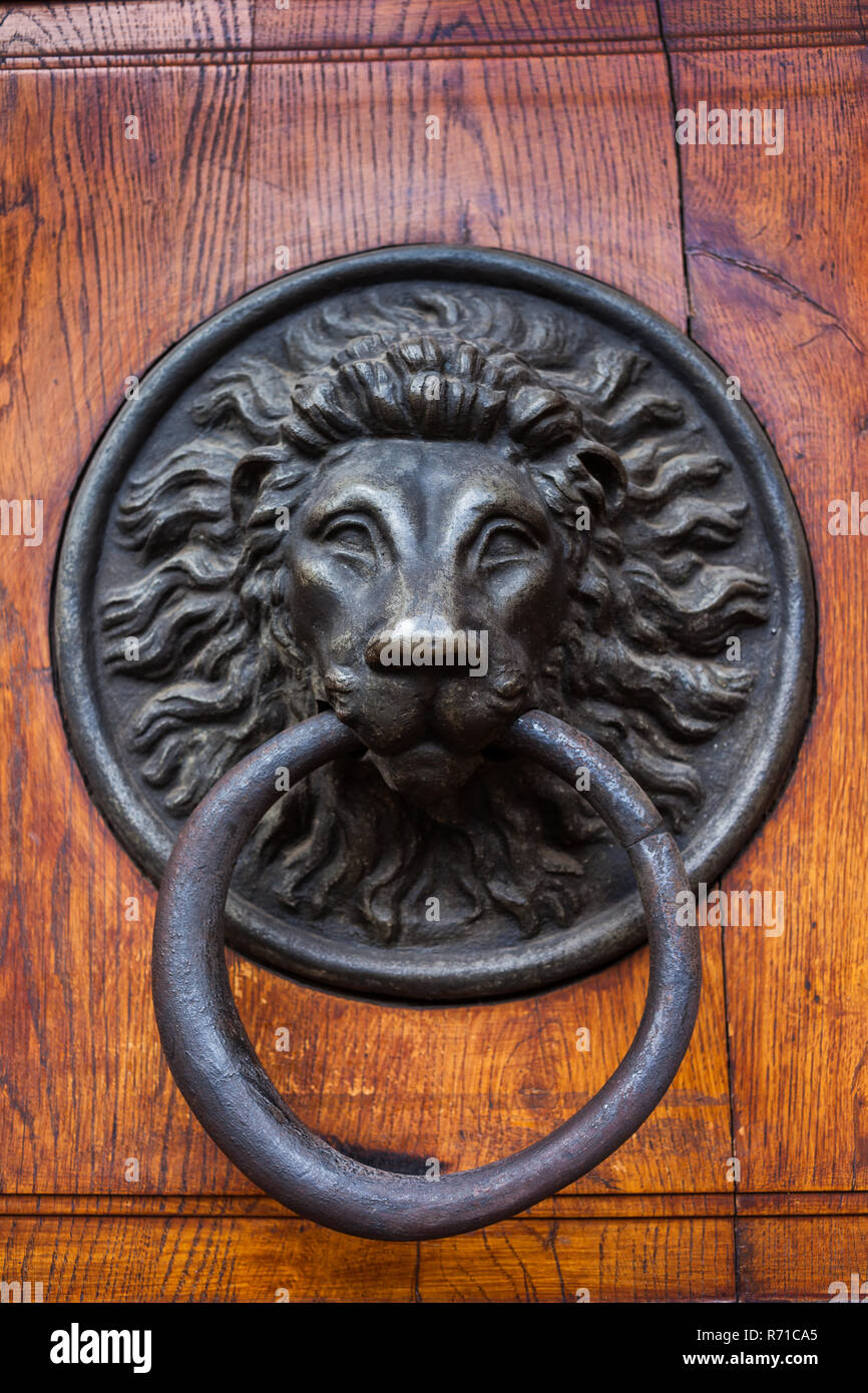 Porta vecchia respingente con testa leone antica scultura di metallo nella città vecchia di Cracovia in Polonia. Foto Stock