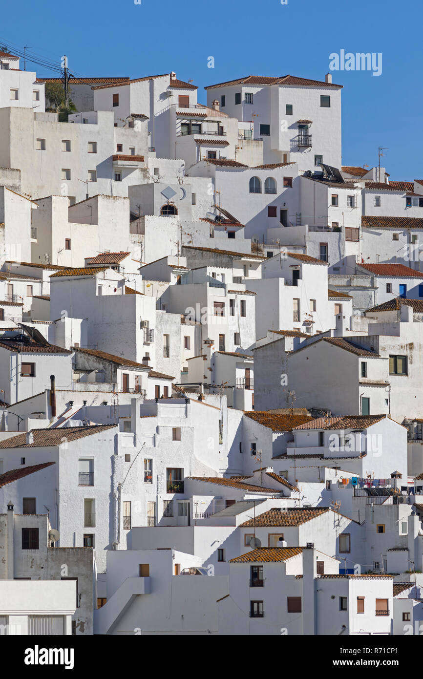 Casares, provincia di Malaga, Andalusia, Spagna meridionale. Iconico bianco-lavato Mountain Village. Popolari escursioni terrestri da Costa del Sol. Foto Stock