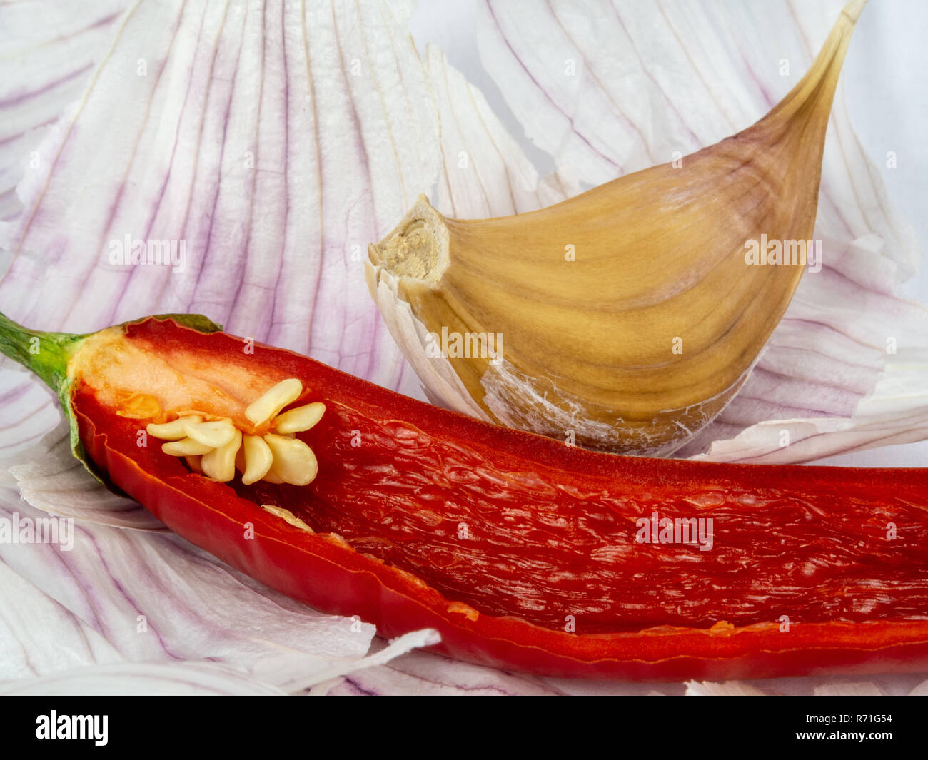 Peperoncino e uno spicchio d aglio giacente sul guscio di aglio. Foto Stock