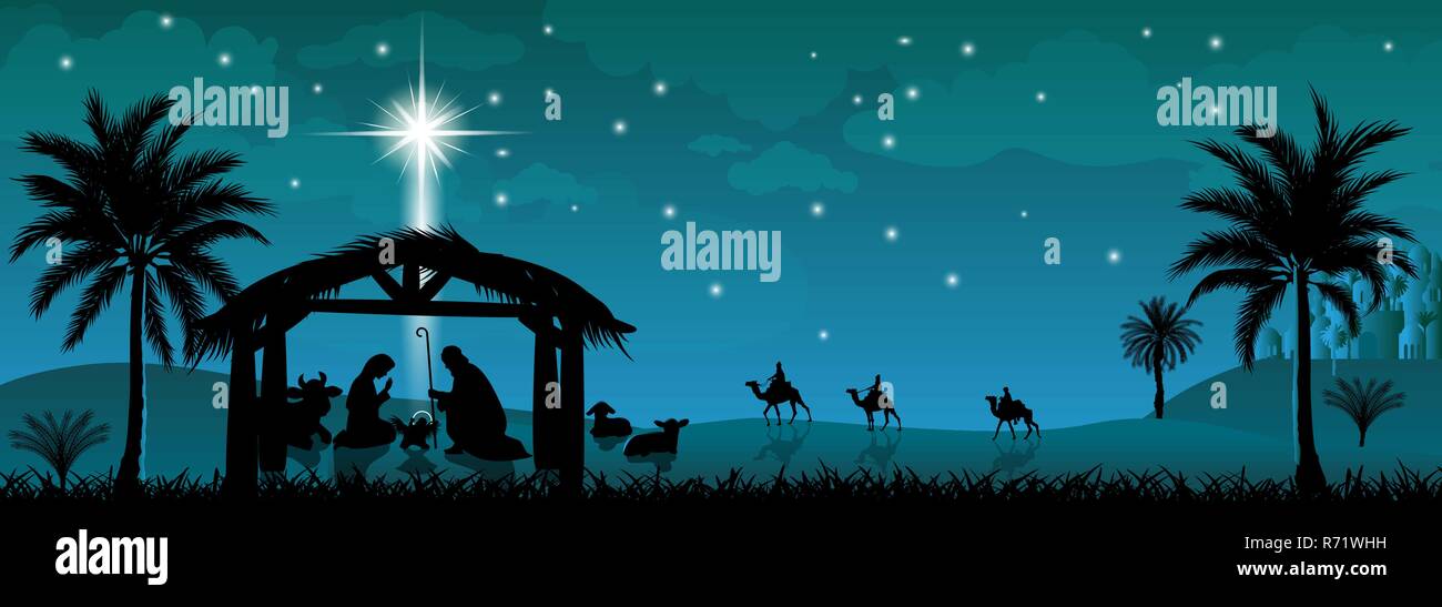 La scena della Natività di Gesù Cristo. Natale, la scena del Natale. La notte di Natale. Illustrazione Vettoriale