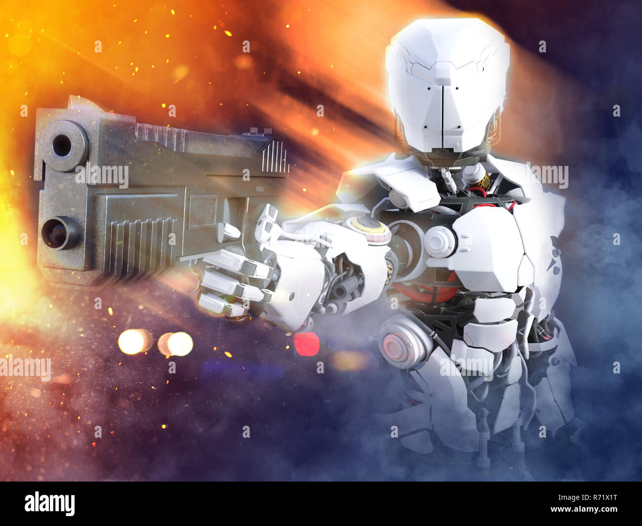 3D rendering di un avveniristico robot hero cop tenendo la pistola. Foto Stock