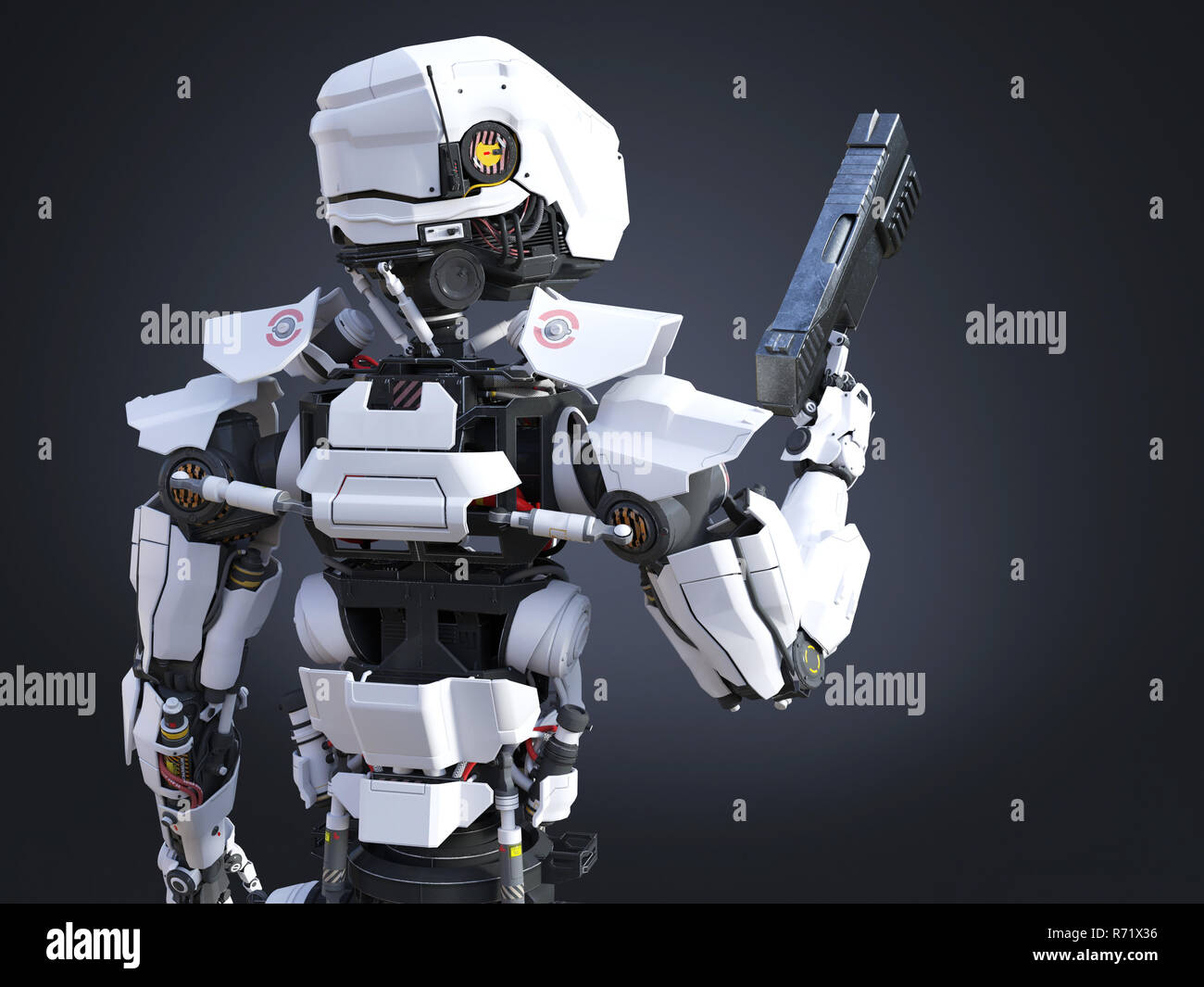 3D rendering di un avveniristico robot cop tenendo la pistola. Foto Stock