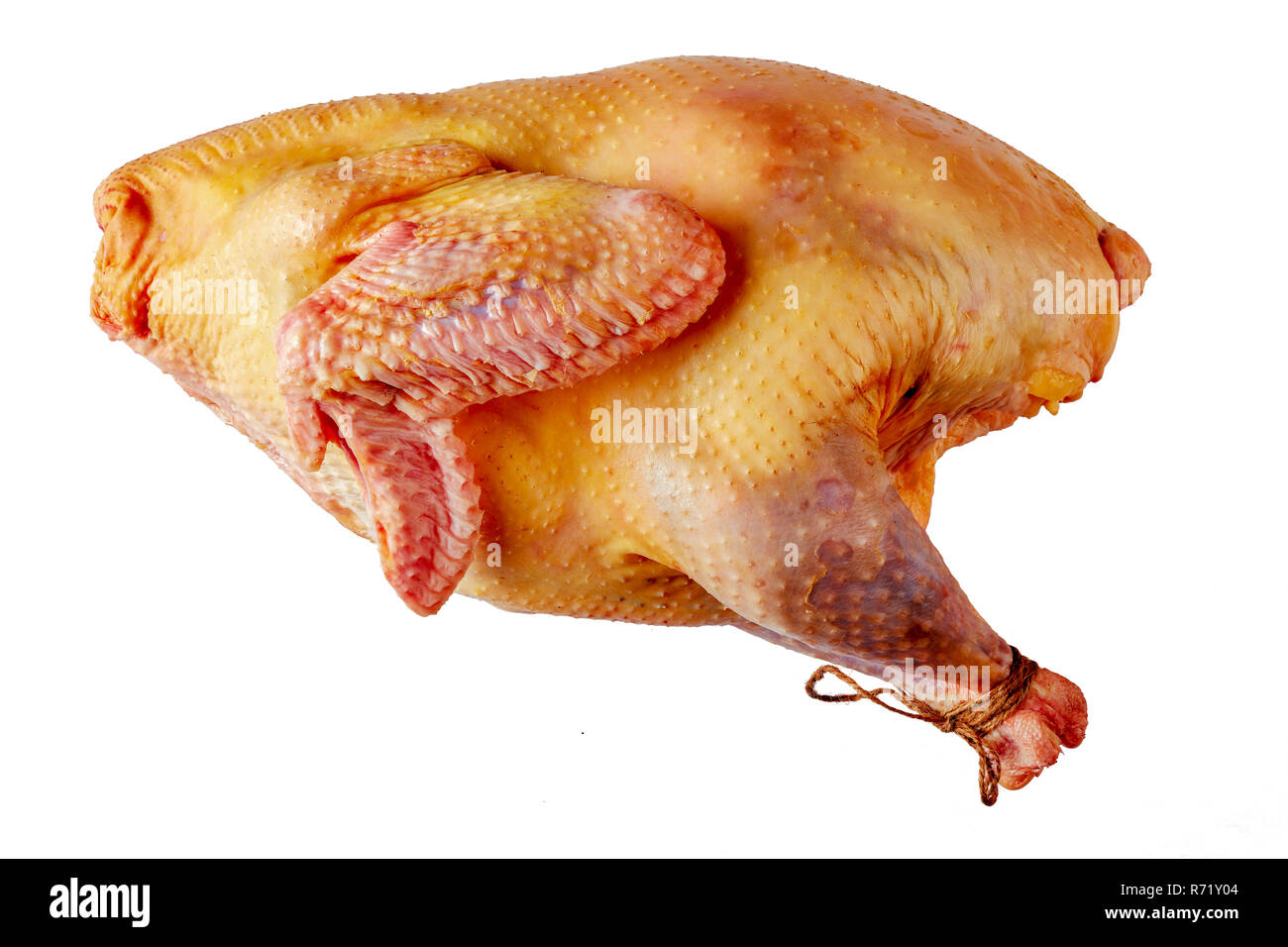 Materie free-range tacchino intero isolato su sfondo bianco, vista da sopra, close-up, flat-lay Foto Stock