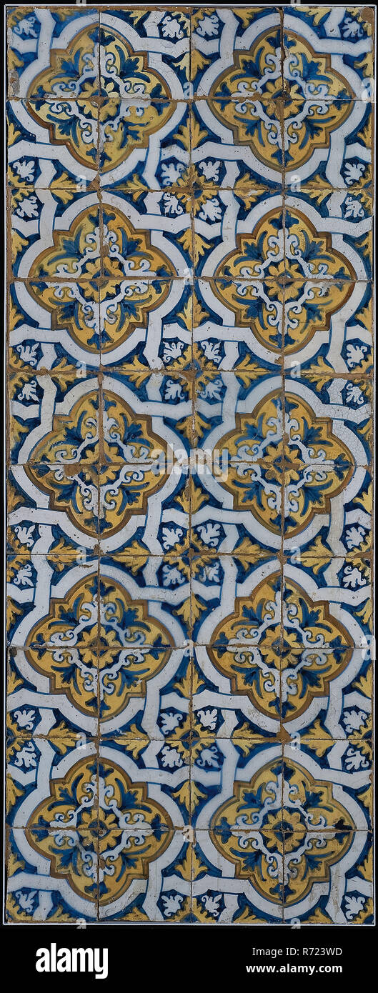 Piastrella di ornamento, mattonelle di campo di quaranta pezzi, dieci alta, quattro ampi; multicolore, diagonale con arredamento in vimini e tile parete campo piastrella materiale delle piastrelle ceramiche di terracotta metallo smalto, cotta 2x smaltata dipinta di giallo shard square multicolore. Quaranta piastrelle parquet (quattro volte dieci) e completato con la cera. Blu ocra (al limone) giallo e arancione sul bianco. Spaartechniek mori dalla 'Delftsche piastrelle' collezione raccolti dal notaio Van Wijngaarden. Foto Stock