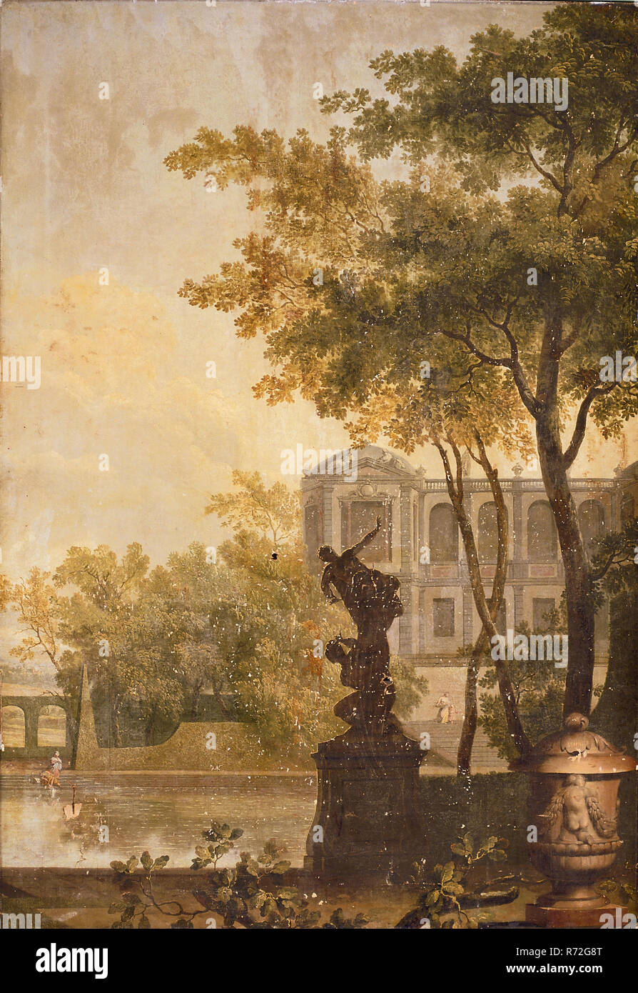 Jan Stolker, carta da parati con rappresentazione del paesaggio del parco con sculture, vaso da giardino e di costruire in background, lo sfondo del paesaggio pittura Pittura materiale olio di lino dipinto 266.0, Rotterdam Boschhoek originari dal XVIII secolo la casa al Boschhoek no.1 di Rotterdam. Foto Stock