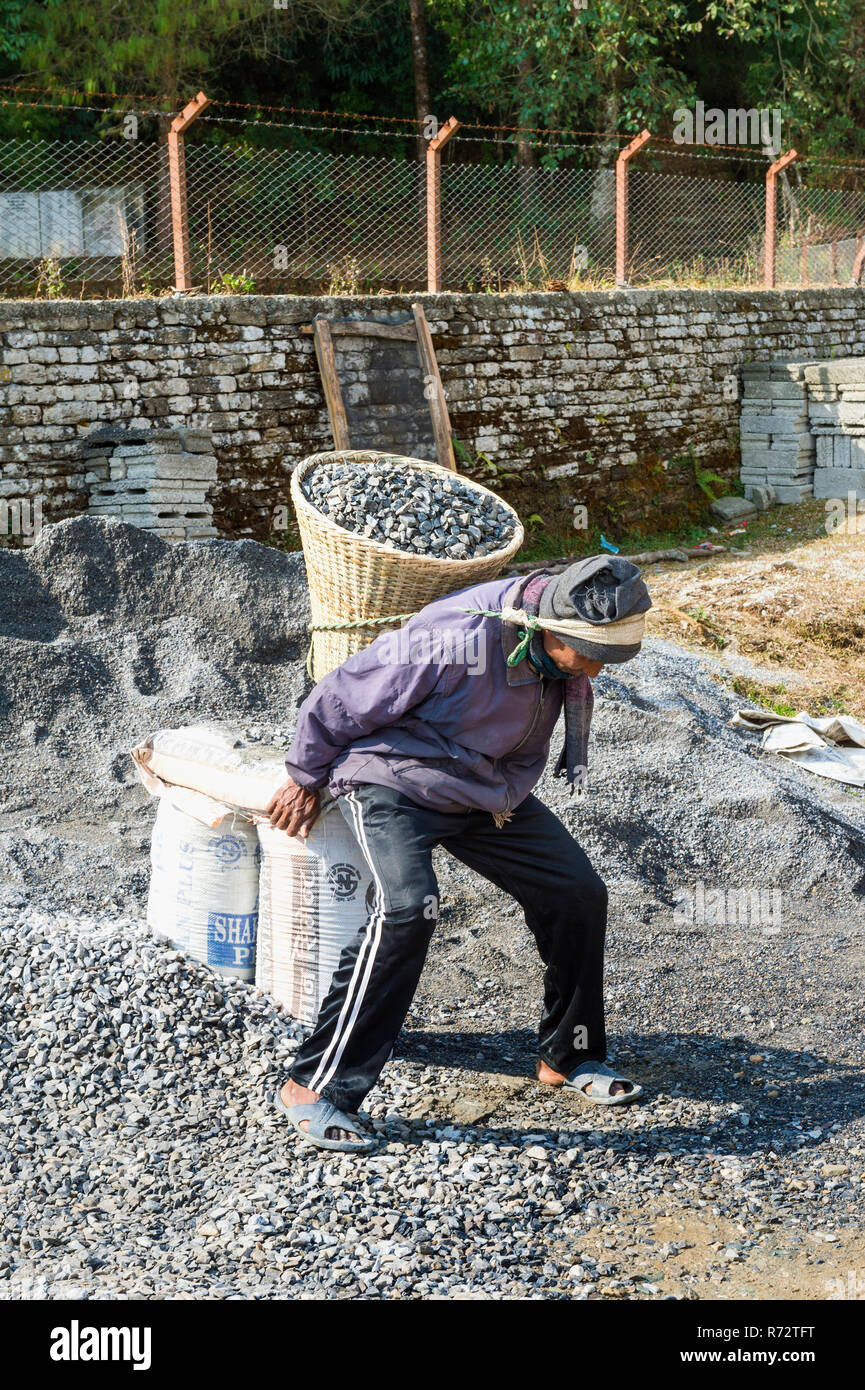 Uomo nepalese che trasportano le pietre per la costruzione sul suo retro, Dhampus villaggio di montagna, Nepal Foto Stock