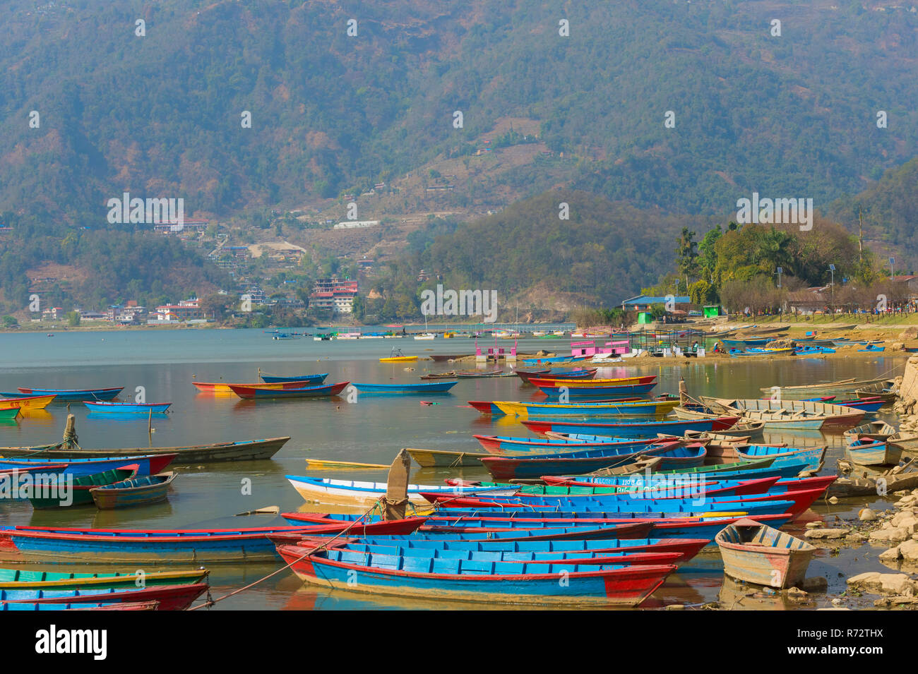 Barche colorate sul lago Phewa, Pokhara, Nepal Foto Stock