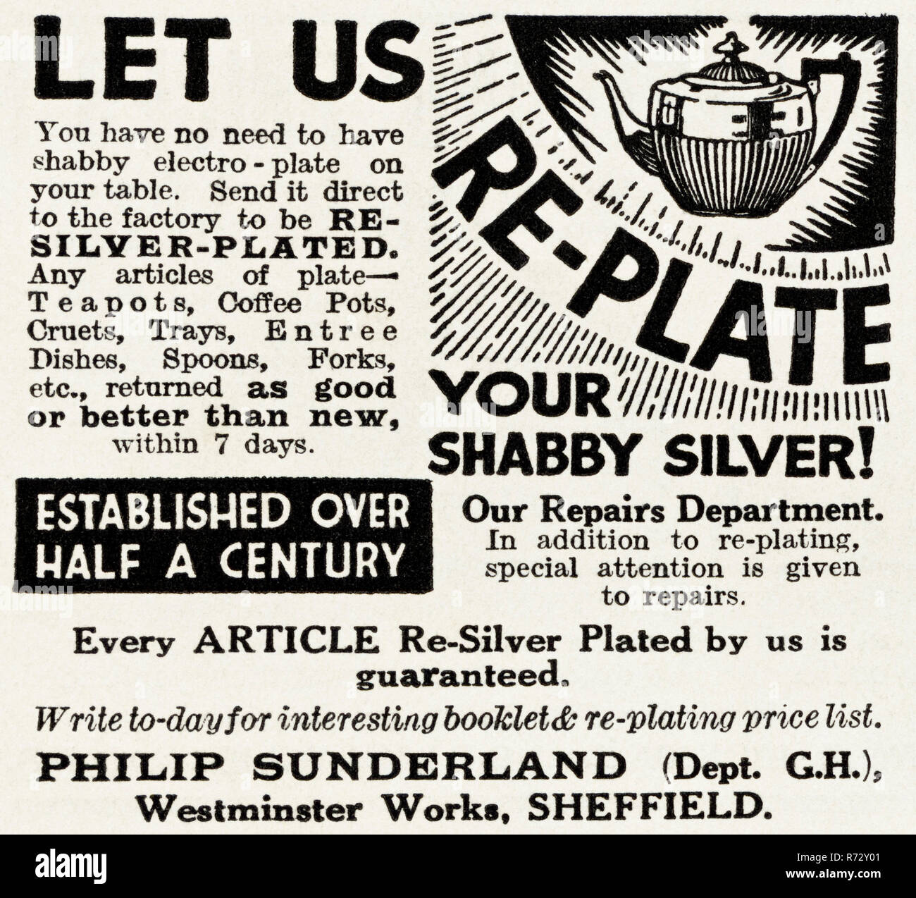 Originale degli anni trenta vintage vecchio annuncio stampa da 30s rivista inglese argento pubblicità ri-placcatura da Philip Sunderland di Westminster funziona Sheffield England Regno Unito circa 1932 Foto Stock