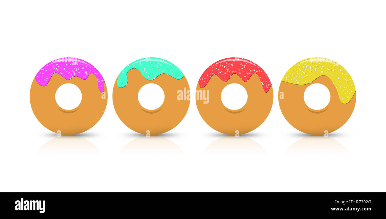 Round ciambelle con zucchero colorato smalto su uno sfondo bianco utilizzabile come sfondo decorativo illustrazione. Foto Stock