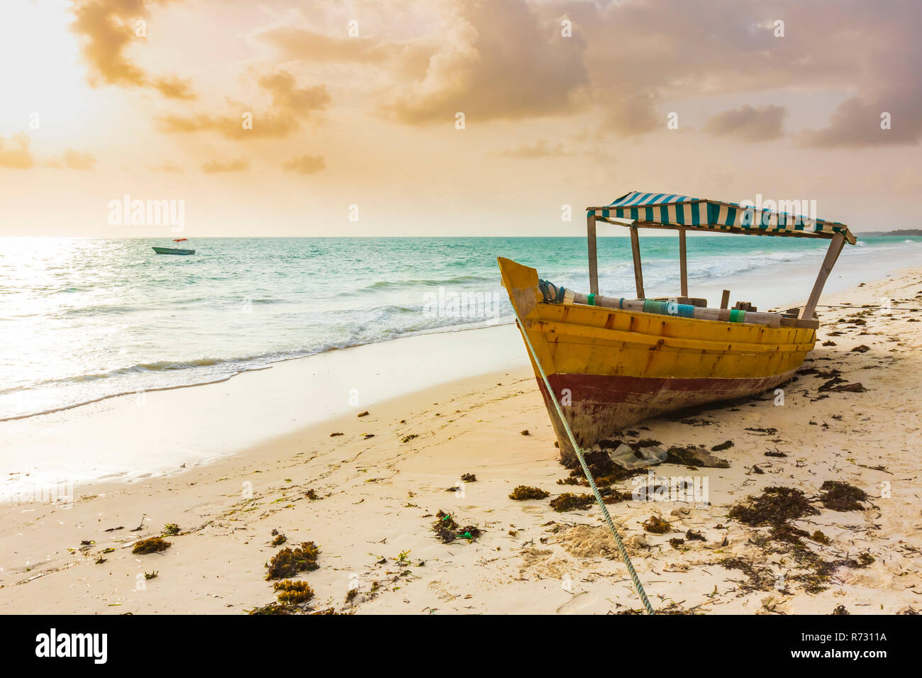 Barca a secco di posa, arenati su una spiaggia tropicale durante il tramonto a Zanzibar, Tanzania Foto Stock