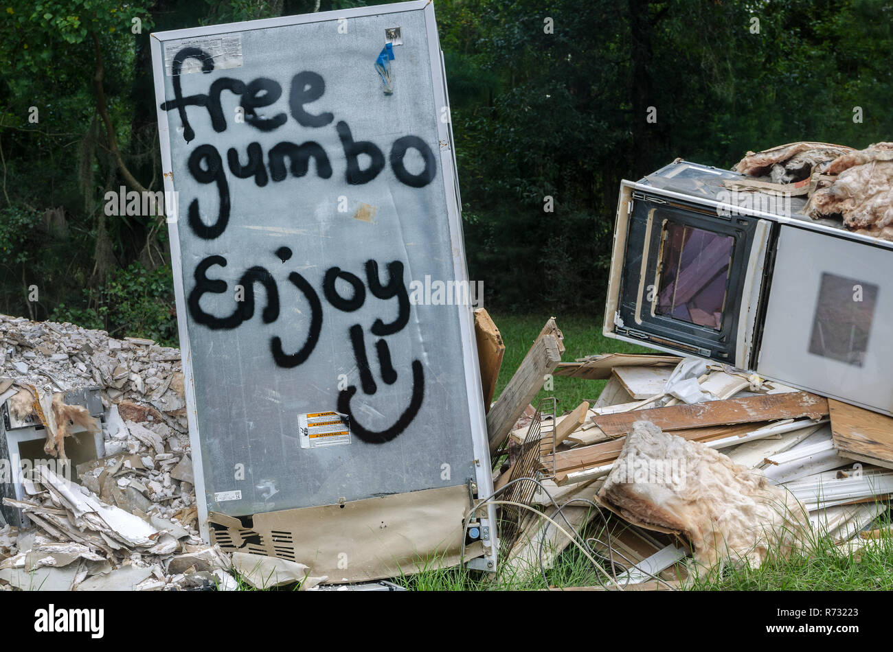 Un mucchio di detriti alluvione offre un momento di umorismo come un segno su un congelatore scartato annuncia "free gumbo" dopo un allagamento in Denham Springs, Louisiana. Foto Stock