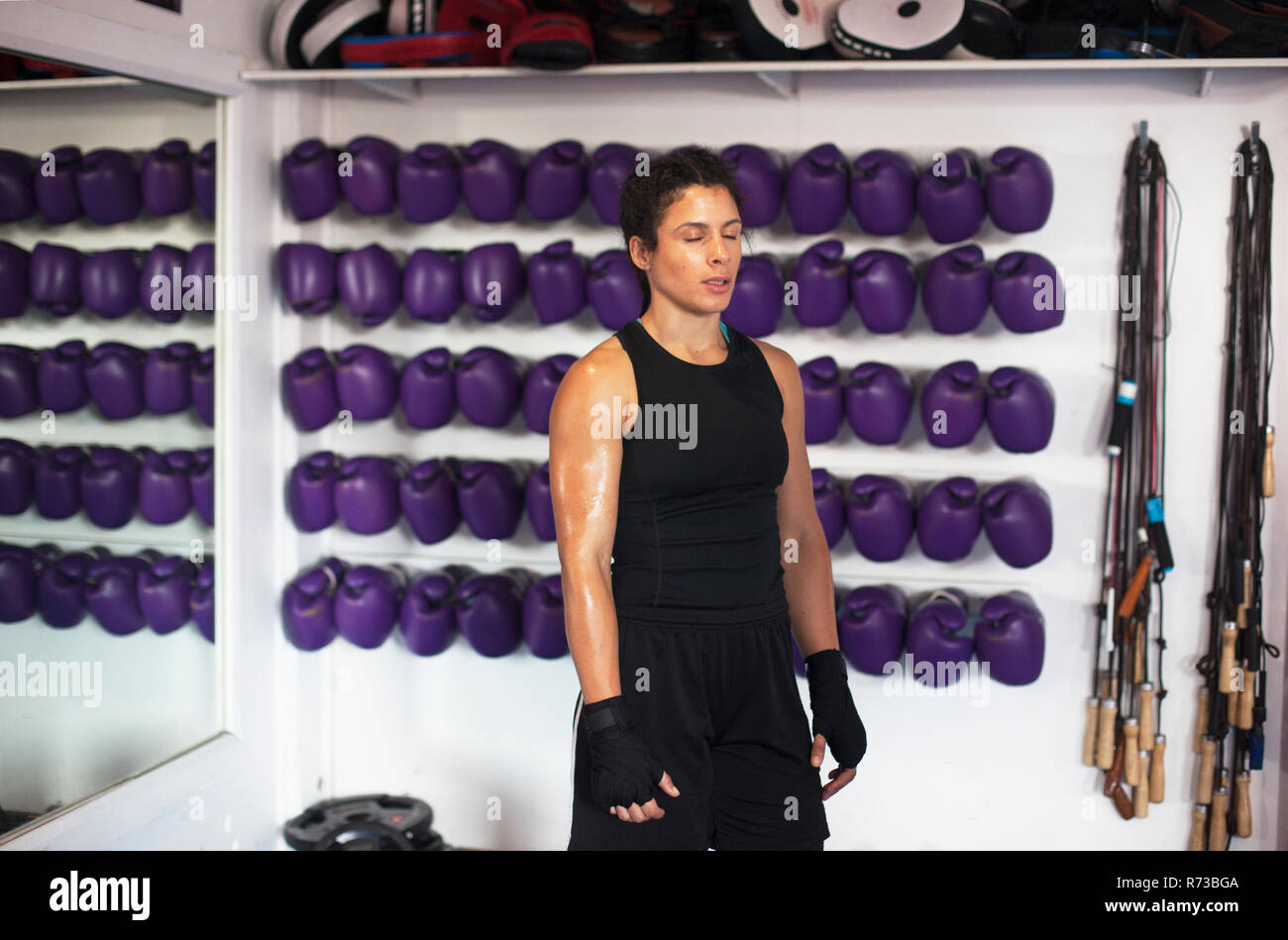 Boxer femmina di riposo in palestra Foto Stock
