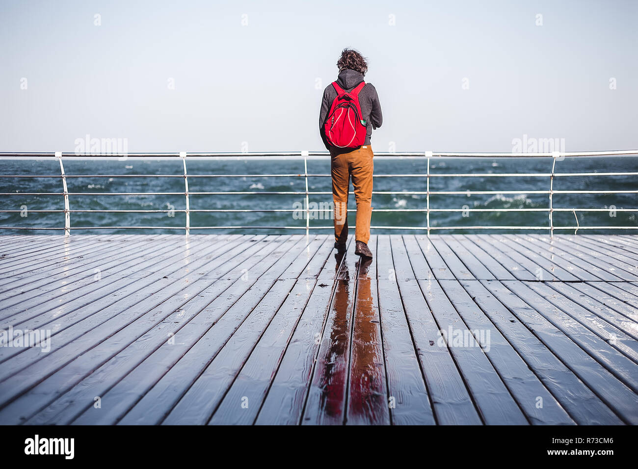 Metà uomo adulto guardando fuori dal pontile a mare, vista posteriore, Odessa, Odeska, Oblast di Ucraina Foto Stock