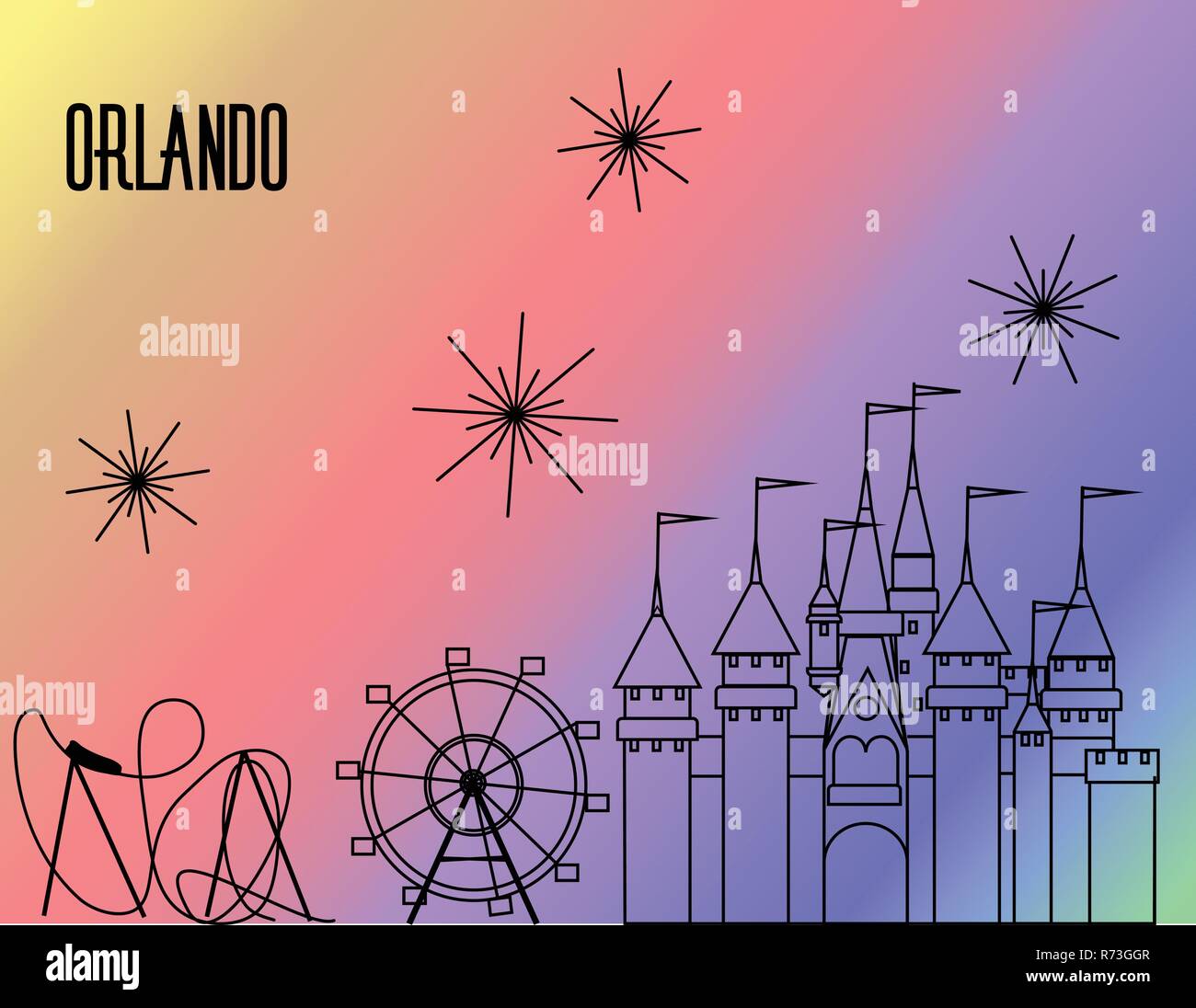 Attrazioni di Orlando linea nera sulla arcobaleno colorato Illustrazione Vettoriale