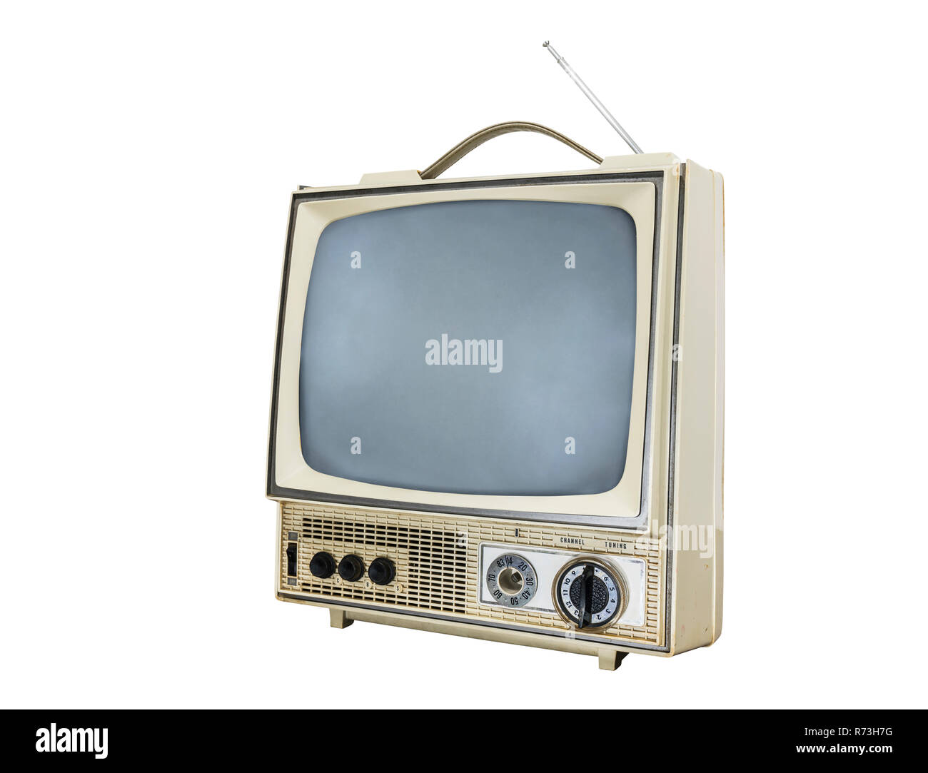 Indossato vintage televisore portatile isolato su bianco con disattivata sullo schermo. Foto Stock