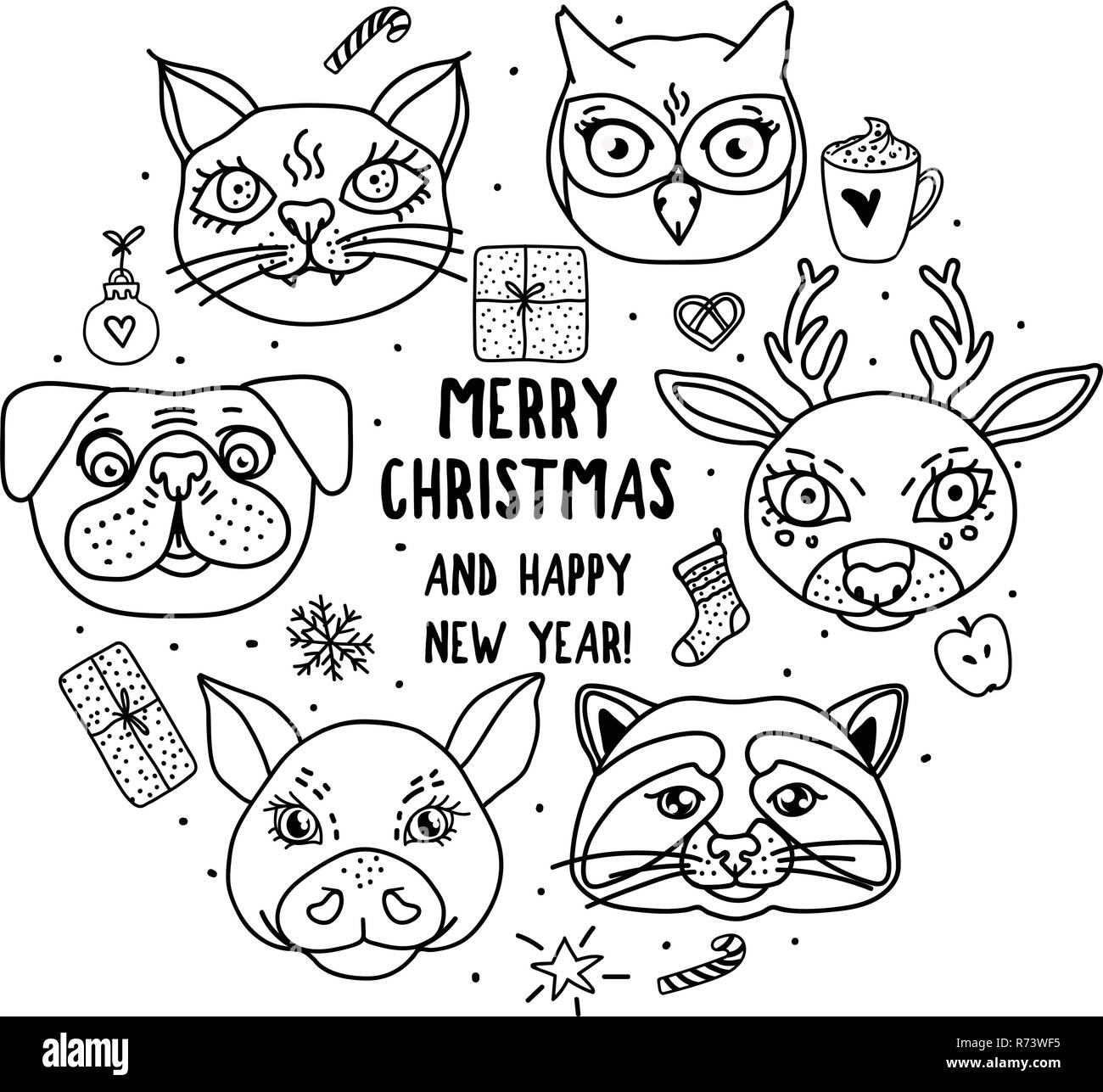 Simpatici animali testine pagina colorazione prenota isolato su bianco. Vettore di contorno nero doodle Illustrazione Vettoriale