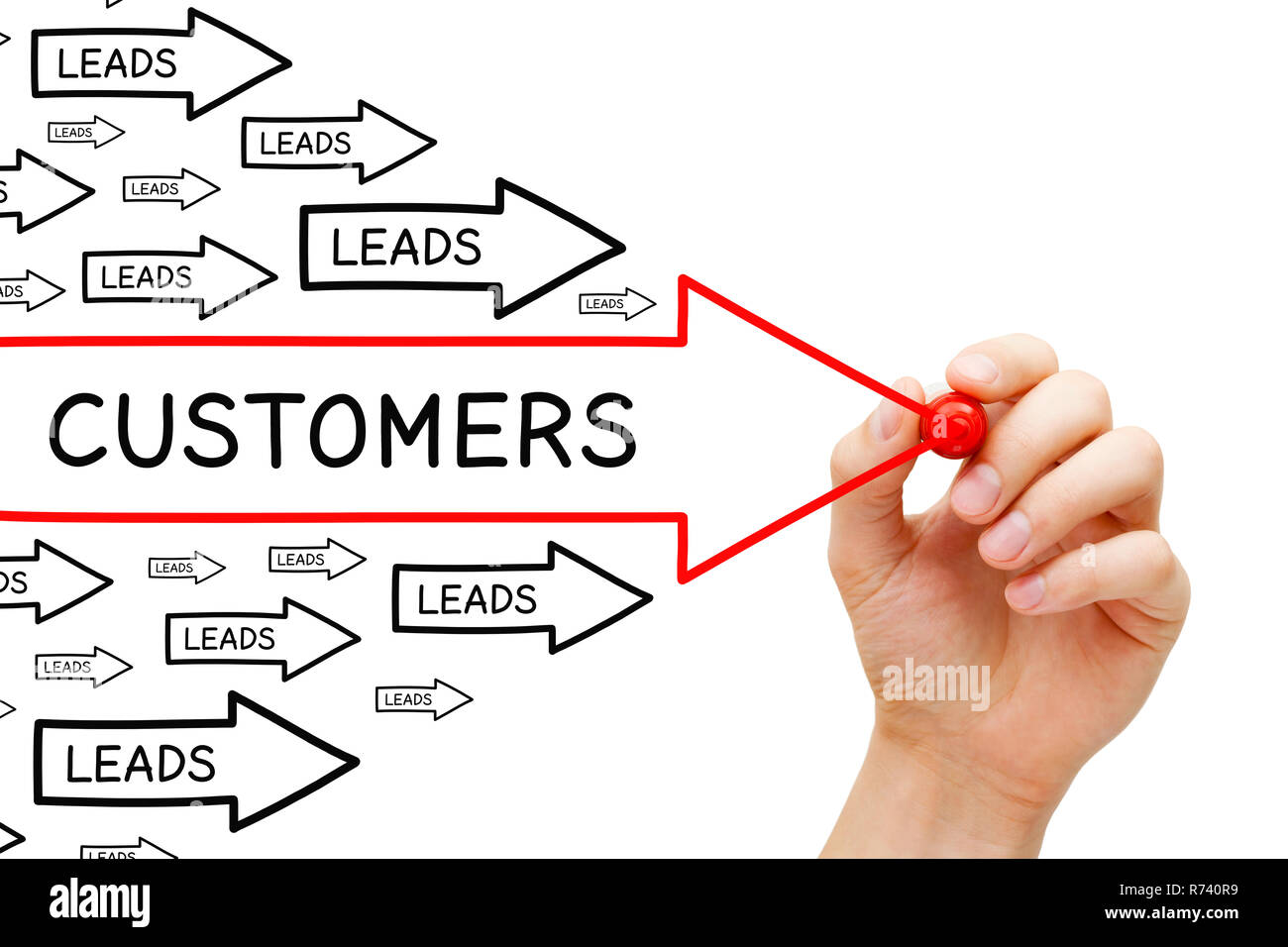 Disegno a mano dalla porta a clienti il concetto di conversione con marcatore sul panno trasparente stampato. Foto Stock