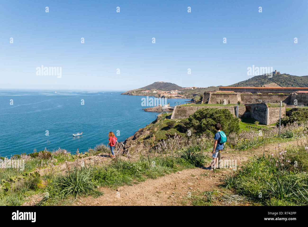 Francia, Pirenei orientali, Cote Vermeille, Collioure, sentiero costiero, il Fort Miradou proprietà dell'esercito e Port Vendres in background // Francia, Py Foto Stock