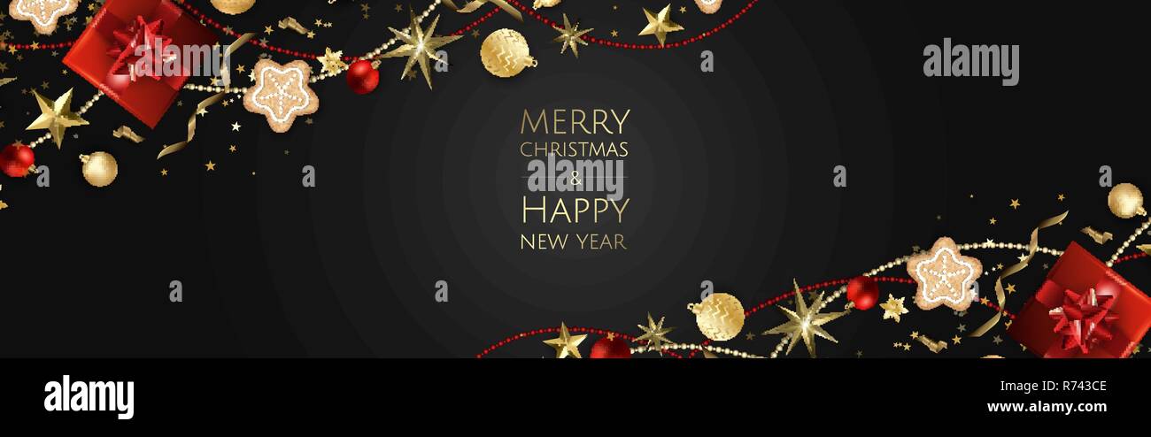 Buon Natale e Felice Anno Nuovo. Xmas sfondo con scatola regalo, fiocchi di neve e le sfere di design. Illustrazione Vettoriale