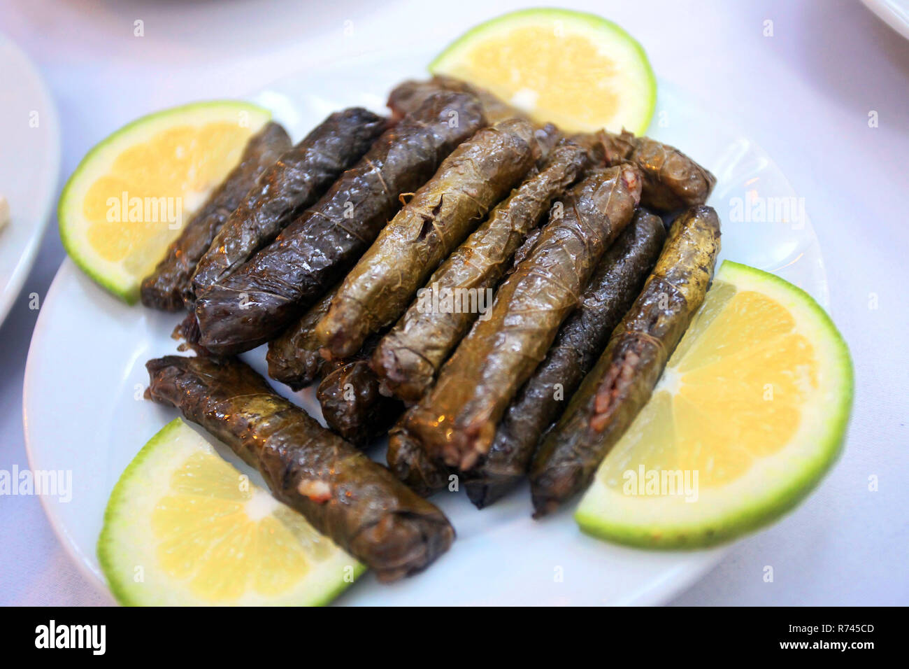 Cibo turco tradizionale "Uva tuffed foglie " (Yaprak Sarma) nel ristorante tavola in Antakya, Turchia. Foto Stock