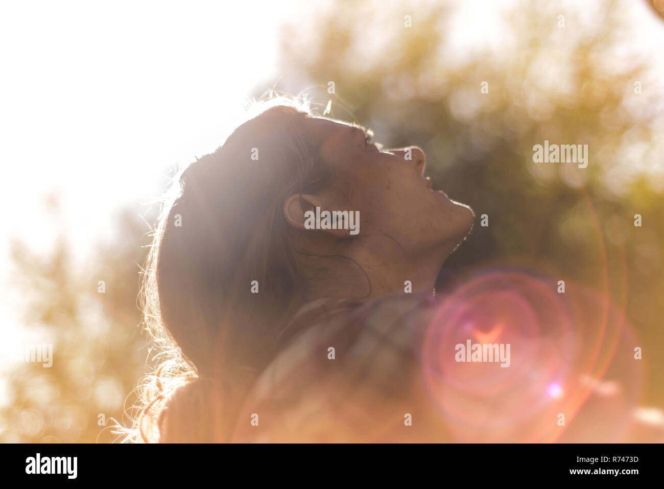 Giovani femmine rocciatore cercando, retroilluminato, fumo Bluffs, Squamish, British Columbia, Canada Foto Stock