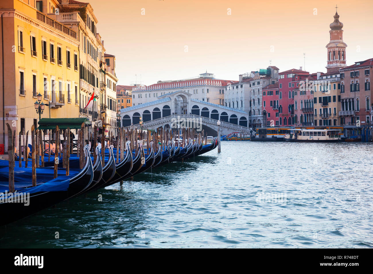 Gondole sul Canal Grande vicino al Ponte di Rialto, Venezia, Veneto, Italia Foto Stock