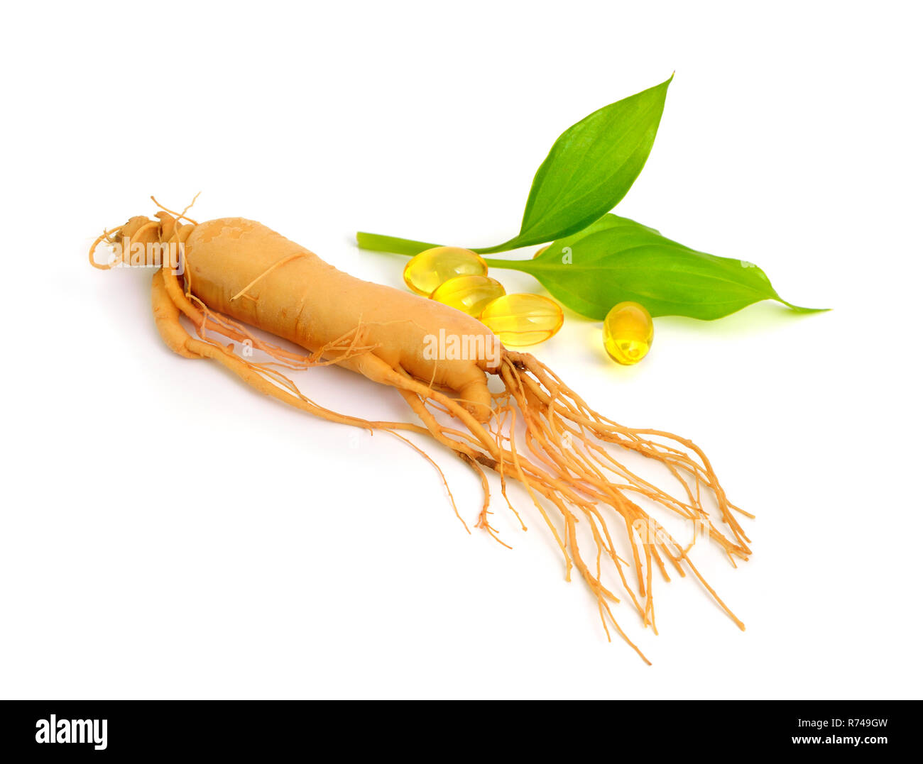 La radice del ginseng con le pillole e leawes. Isolato. Foto Stock