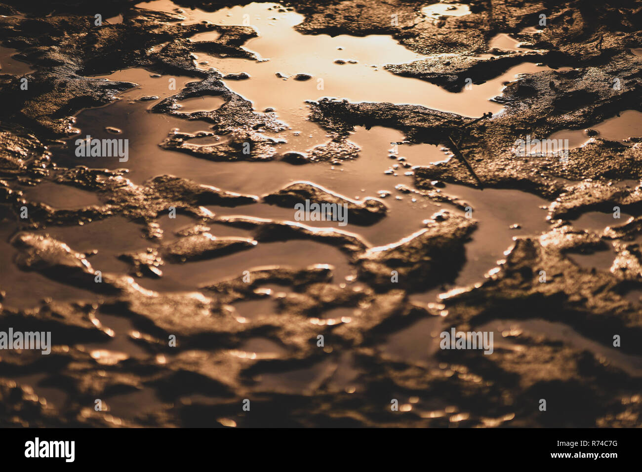 Sun riflessioni in acqua chiazze di sporco. Foto Stock
