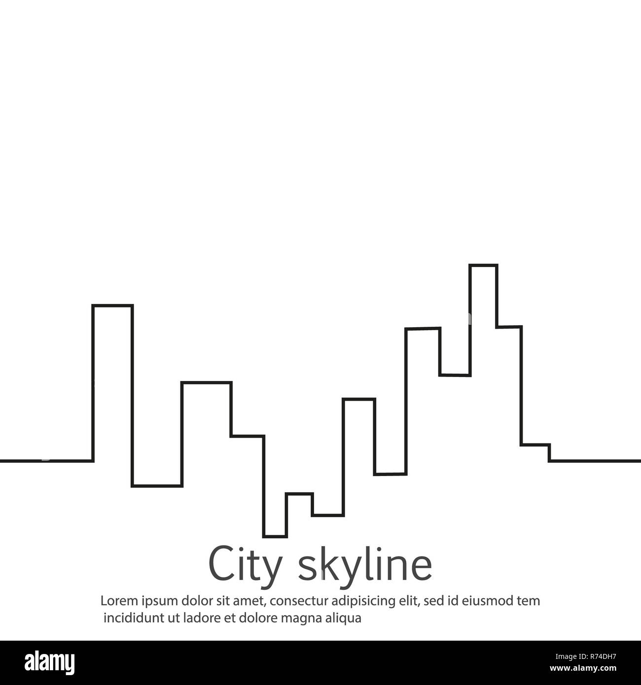 La silhouette della città in un appartamento di stile. Moderno paesaggio urbano. Illustrazioni vettoriali. Città grattacieli Ufficio edilizia orizzonte.rappresentazione in linea continua Foto Stock