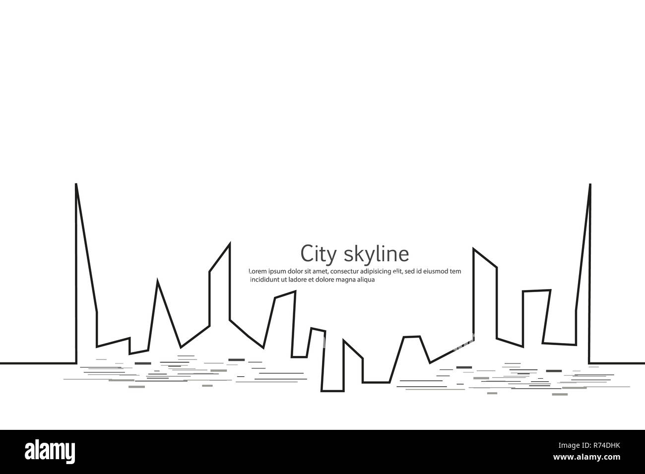 La silhouette della città in un appartamento di stile. Moderno paesaggio urbano. Illustrazioni vettoriali. Città grattacieli Ufficio edilizia orizzonte.rappresentazione in linea continua. Linea del vettore. Figure geometriche con l'effetto di movimento Foto Stock