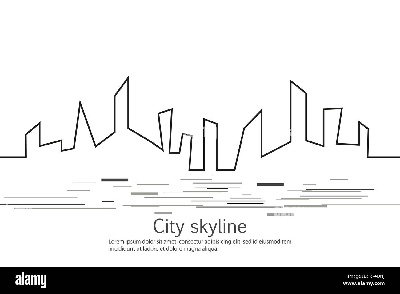 La silhouette della città in un appartamento di stile. Moderno paesaggio urbano. Illustrazioni vettoriali. Città grattacieli Ufficio edilizia orizzonte.rappresentazione in linea continua Foto Stock