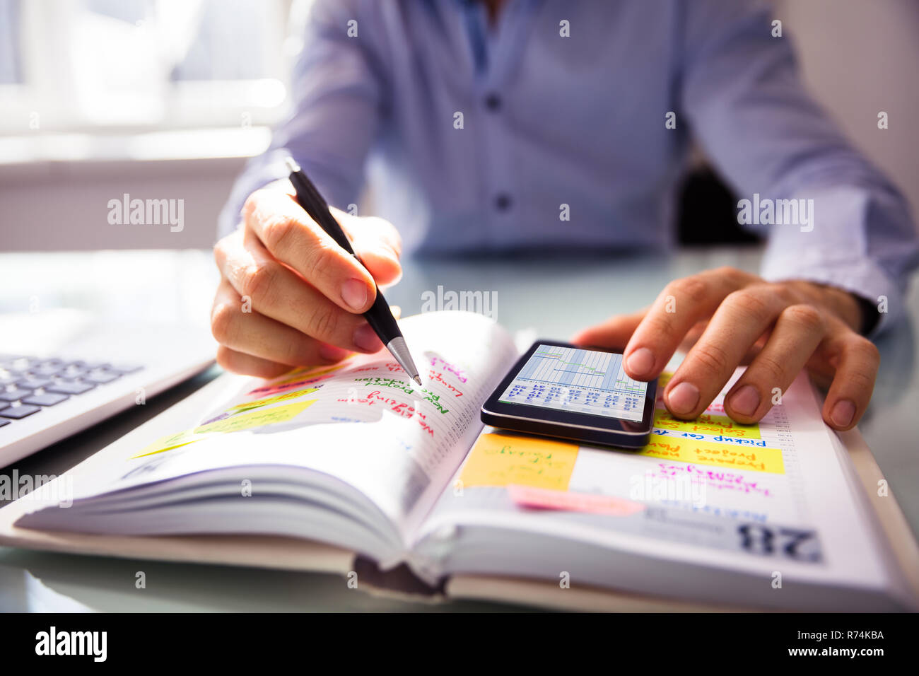 Imprenditore iscritto pianificazione nel diario Foto Stock