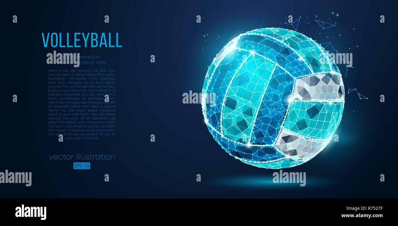 Abstract silhouette di una sfera di pallavolo da particelle, linee e triangoli su sfondo blu. Luce al neon. Elementi di una separazione di strati colore può essere cambiato in un solo clic. Illustrazione Vettoriale Illustrazione Vettoriale