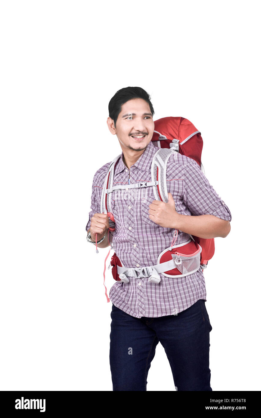 Ritratto di asiatici backpacker maschio pronto per viaggiare Foto Stock