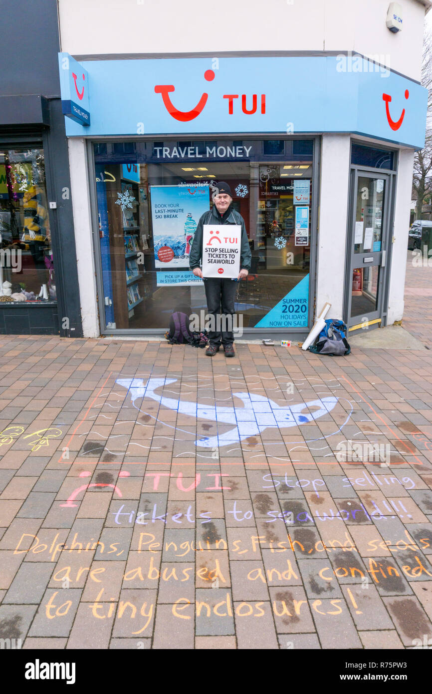 Beckenham, Londra, Regno Unito. 08 dicembre 2018. Peta (Persone per il trattamento etico degli animali) tenere una protesta al di fuori dei locali di TUI Travel agenti a Beckenham, a sud di Londra. Essi stanno protestando circa la vendita dei biglietti al Seaworld marine parchi animali negli Stati Uniti, dove essi asseriscono trattamento crudele di animali. UrbanImages/Alamy Live News Foto Stock