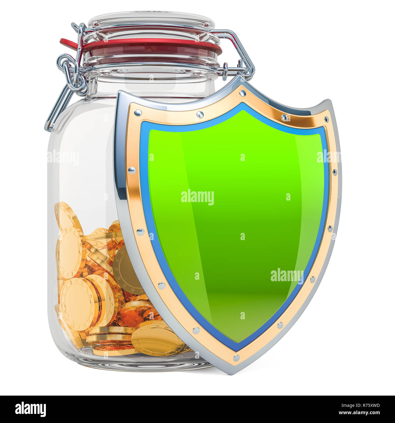 Assicurazione finanziaria concetto. Le monete d'oro all'interno del vasetto in vetro con protezione, 3D rendering isolati su sfondo bianco Foto Stock