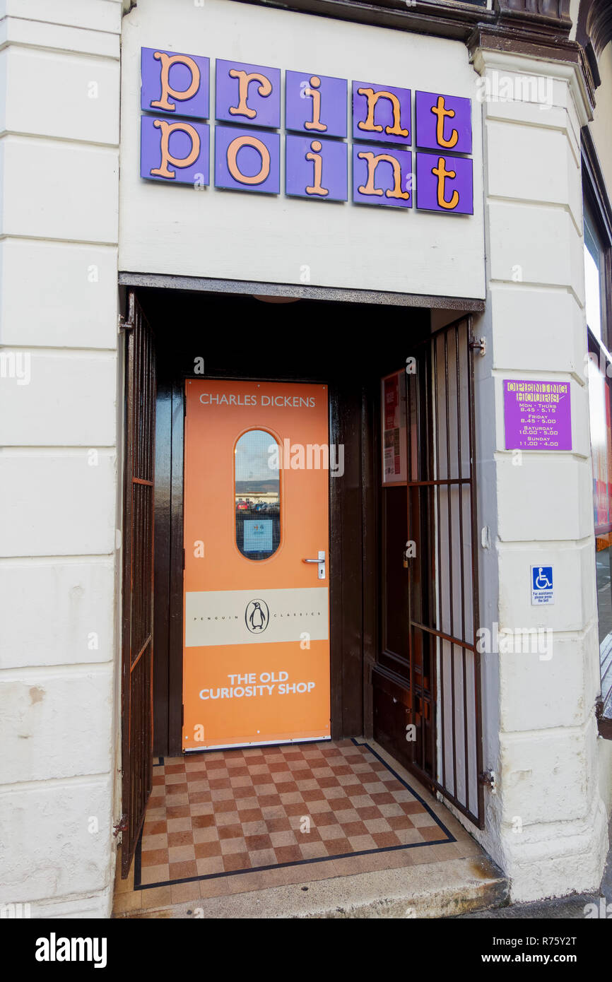 Porta nella progettazione di un pinguino prenota al punto stampa Bookshop in Rothesay, Isle of Bute, Argyll, Scotland, Regno Unito Foto Stock