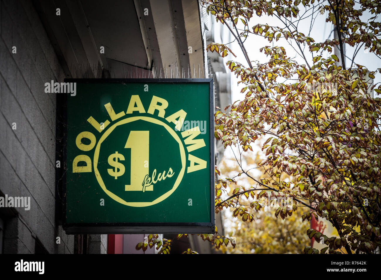 MONTREAL, Canada - 5 Novembre 2018: Dollarama logo nella parte anteriore del loro negozio locale nel centro cittadino di Montreal, Quebec. Dollarama è una catena canadese di hard d Foto Stock