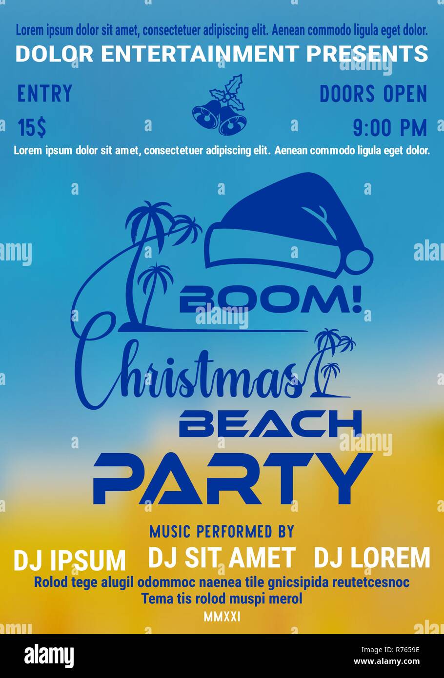 Festa di Natale alla spiaggia o poster flyer modello con palm e babbo natale hat sulla riva del mare sfondo sfocato. Illustrazione Vettoriale. Illustrazione Vettoriale