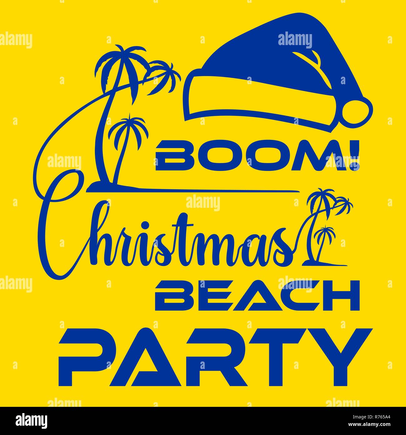 Festa di Natale alla spiaggia o poster flyer modello con palm e babbo natale hat sulla riva del mare sfondo sfocato. Illustrazione Vettoriale. Illustrazione Vettoriale