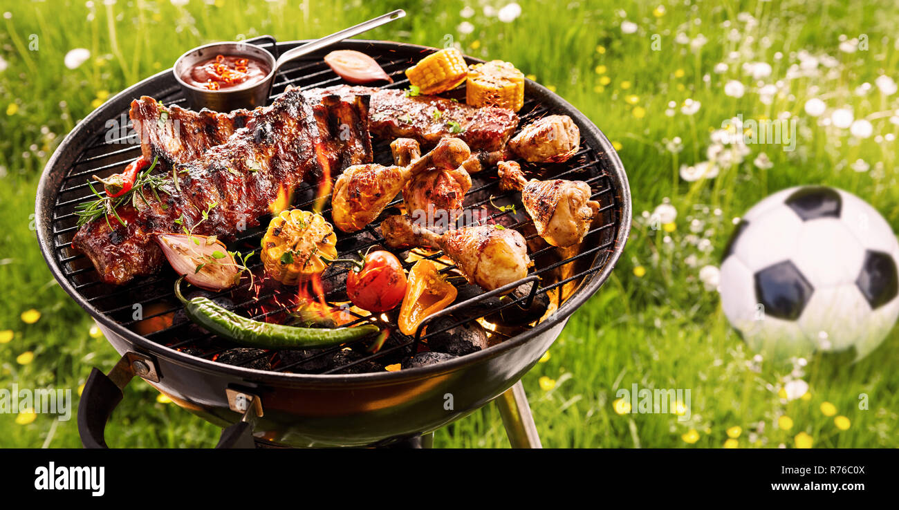 Primavera o estate barbecue esterno in un prato Foto Stock