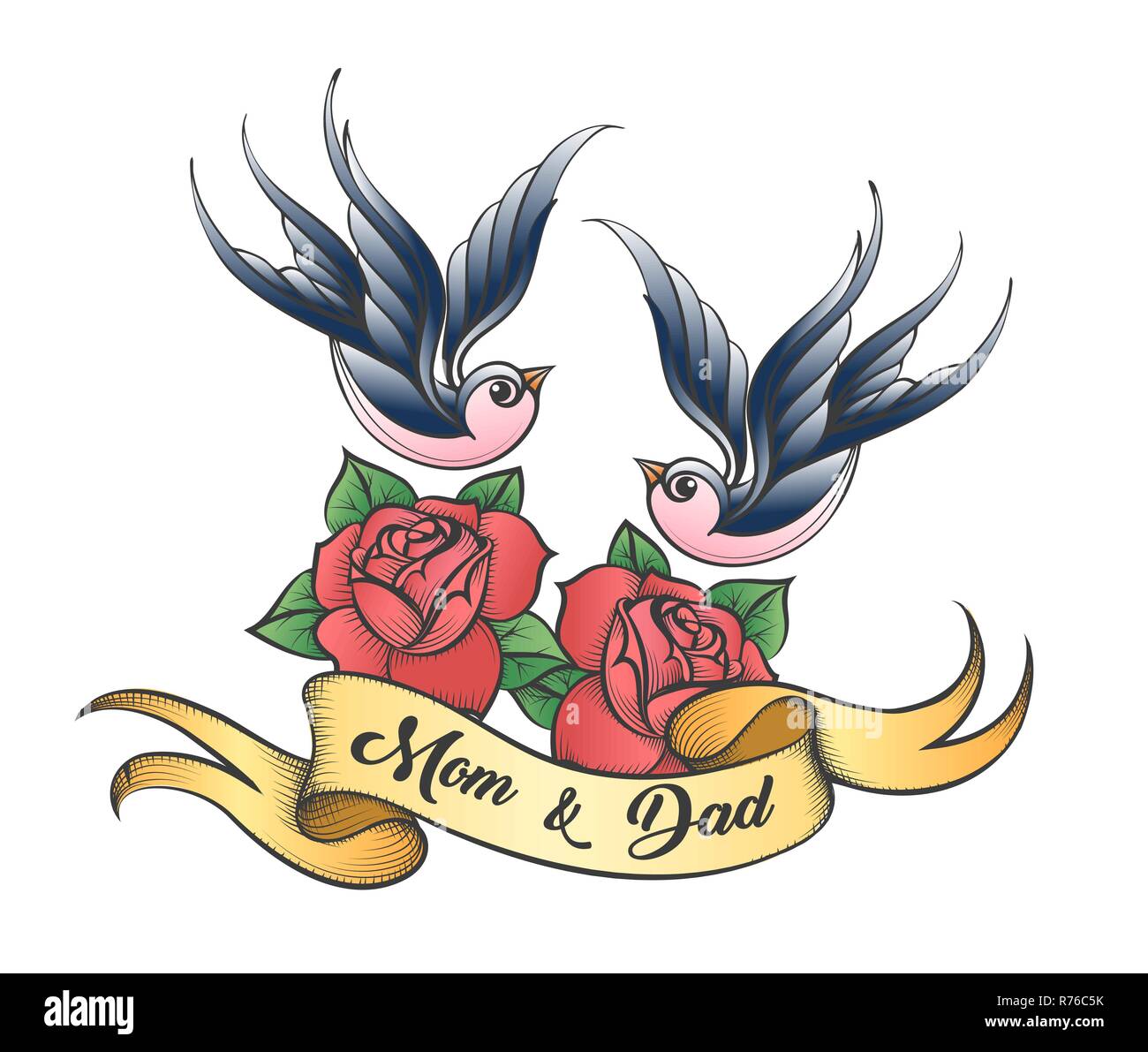 Due rondini e fiori rosa con la scritta di mamma e papà sul nastro disegnato in stile tatuaggio. Illustrazione Vettoriale. Illustrazione Vettoriale