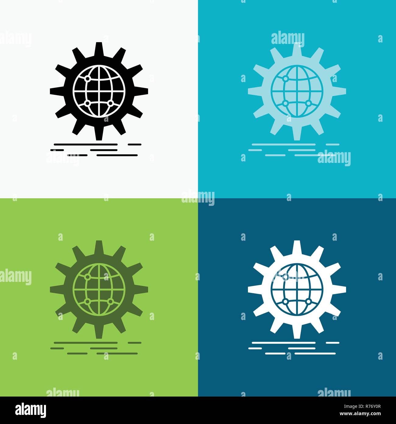 International Business, Globe, world wide, icona a ingranaggio su vari Background. glifo design di stile, progettato per il web e app. Eps 10 illustratio vettore Illustrazione Vettoriale