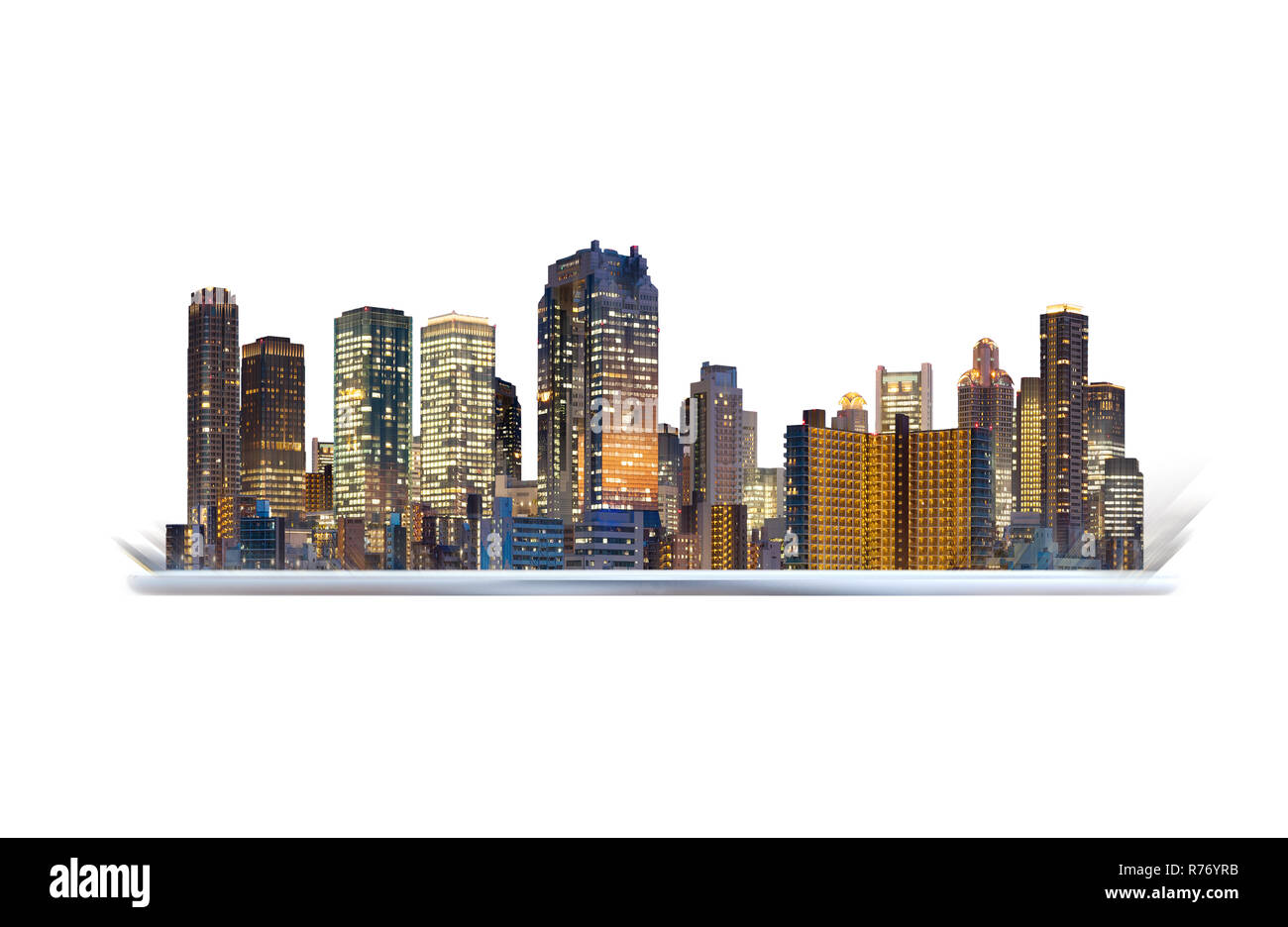 Tavoletta digitale con la costruzione di ologramma. In realtà aumentata, la tecnologia smart city innovazione e tecnologia edilizia Foto Stock